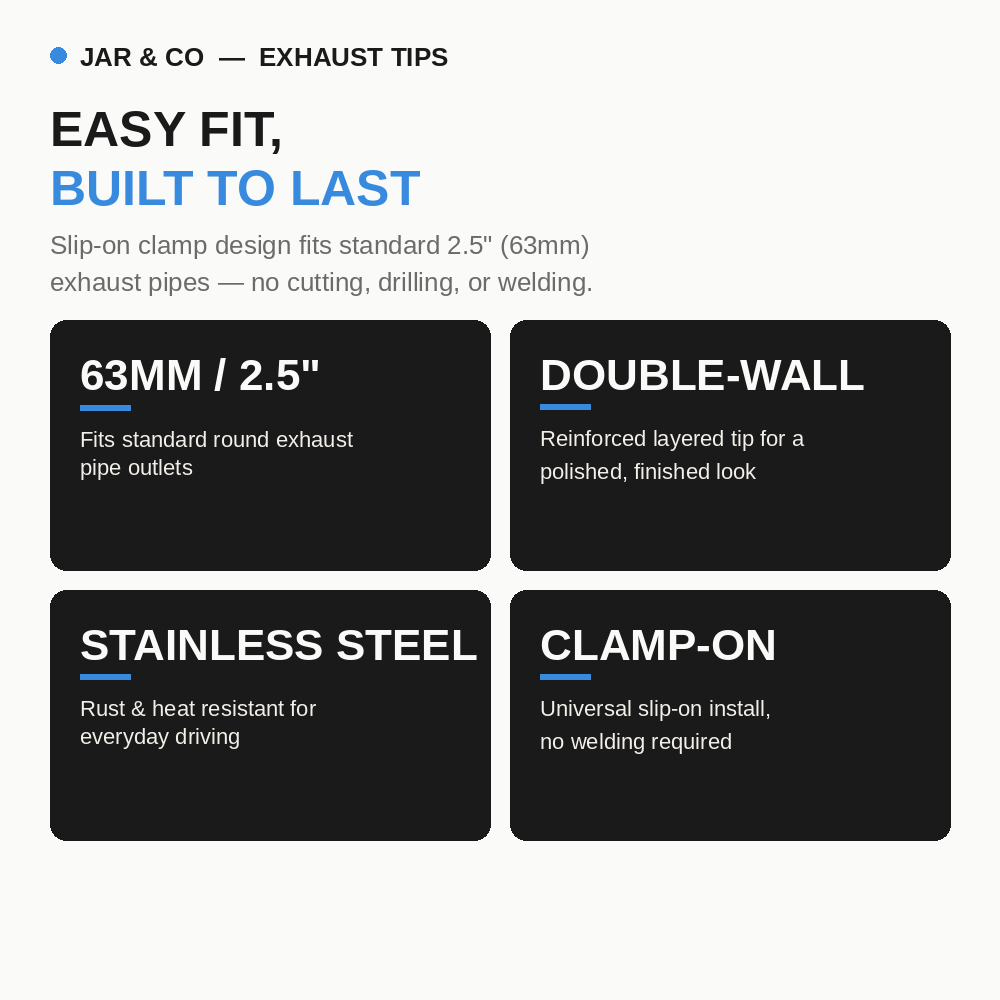 2.5" Stainless Steel Exhaust Tip — Bolt-On, Multiple Finishes