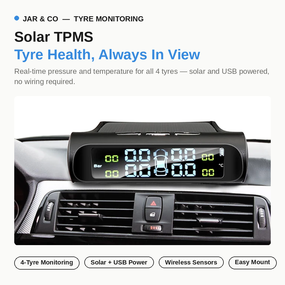Solar wireless TPMS display unit and sensors overview