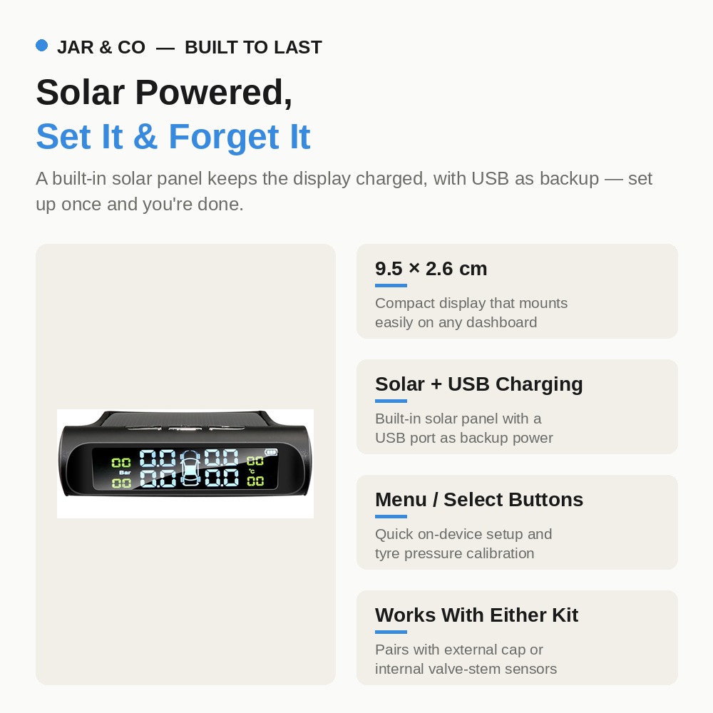 Solar TPMS specifications and solar charging panel