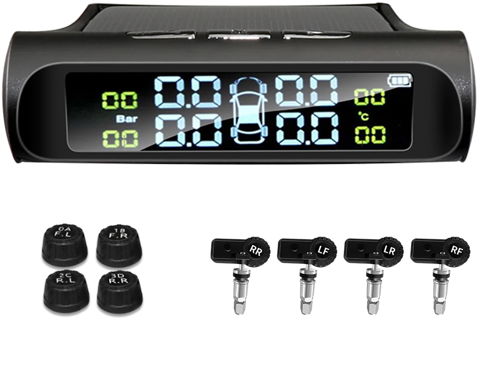 Solar TPMS display unit with tyre pressure sensors